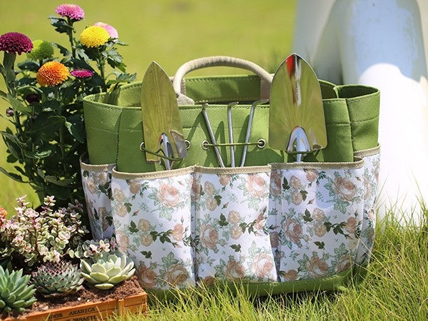 Gardening Tool Stainless Steel Set for Women with Floral Storage Tote