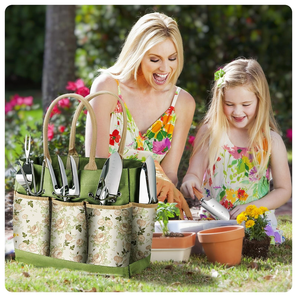 Gardening Tool Stainless Steel Set for Women with Floral Storage Tote