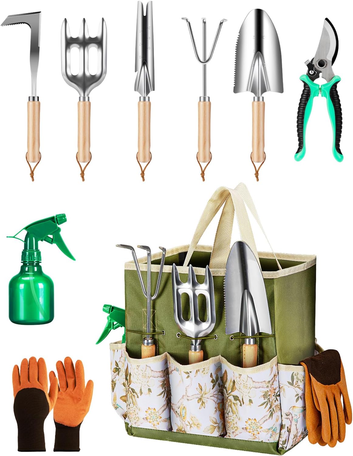 Gardening Tool Stainless Steel Set for Women with Floral Storage Tote
