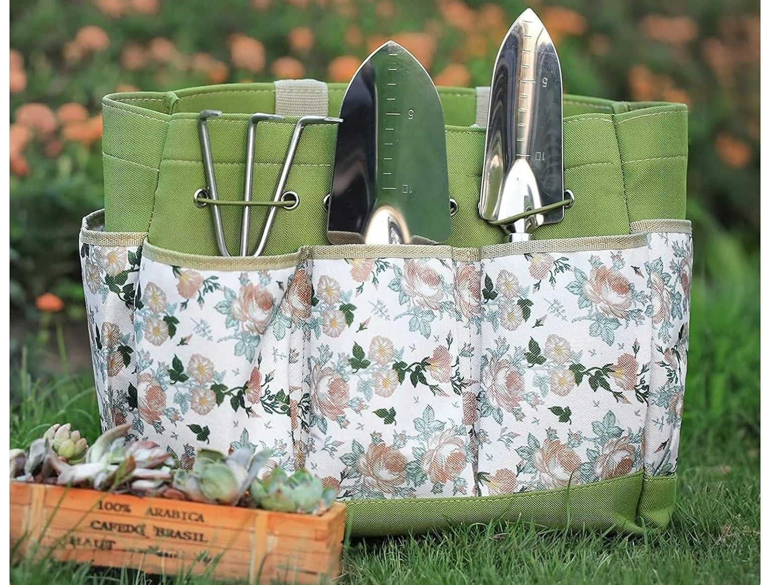 Gardening Tool Stainless Steel Set for Women with Floral Storage Tote